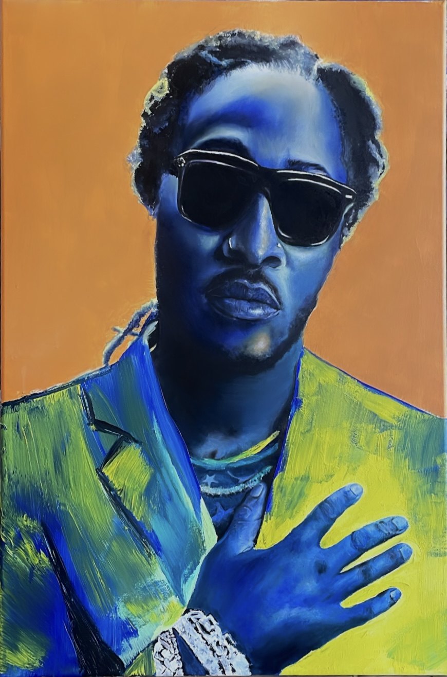 Blue acrylic portrait of a rapper in sunglasses on an orange ground — original by Lior Arfi