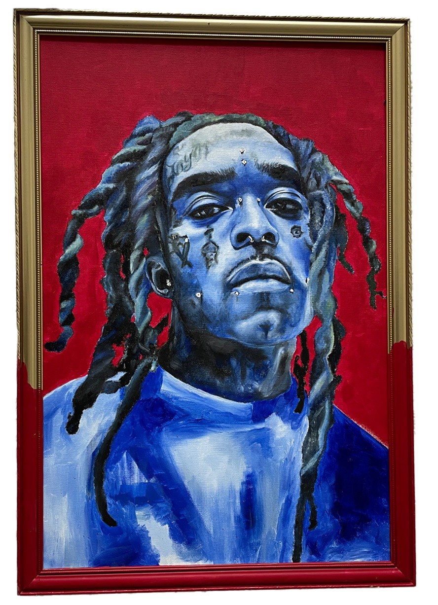 Framed blue acrylic portrait on a red ground — original by Lior Arfi