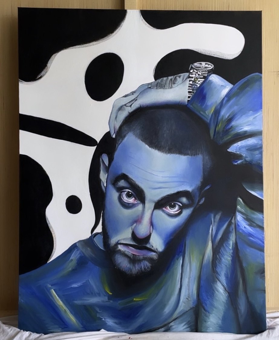 Blue acrylic portrait against a black-and-white pattern — original by Lior Arfi