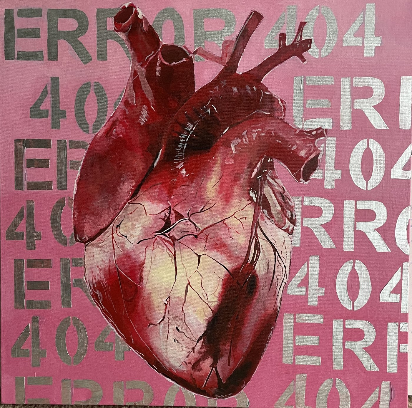 Error 404 — anatomical heart acrylic on a stenciled pink ground — original by Lior Arfi